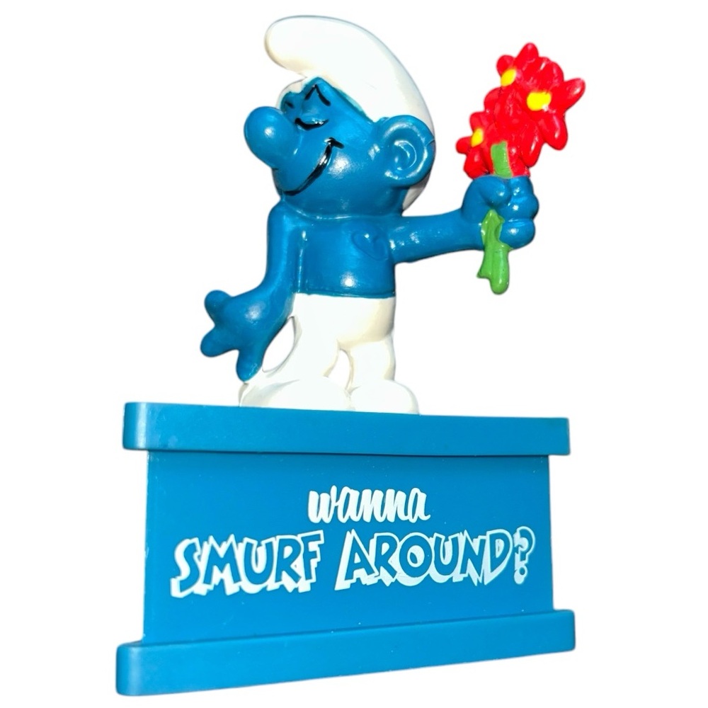 Smurf-A-Gram wanna Smurf around? smurf flowers with stand Peyo Schleich Vintage